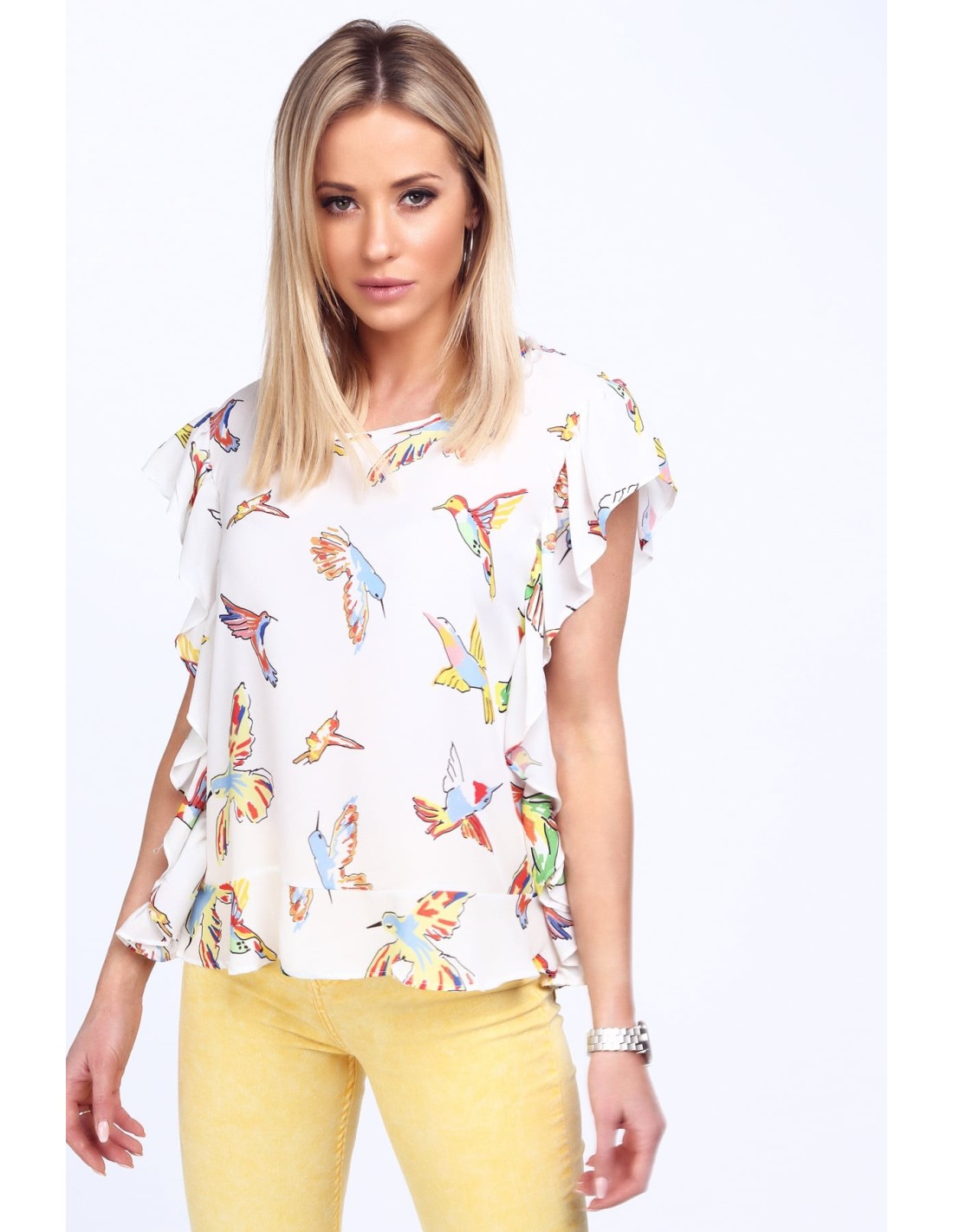 Cream blouse with colorful birds MP28391 - Online store - Boutique